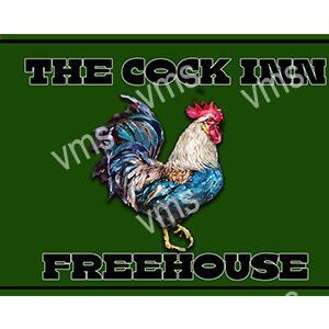 Logo of The Cock Inn Freehouse with a colorful rooster on green.