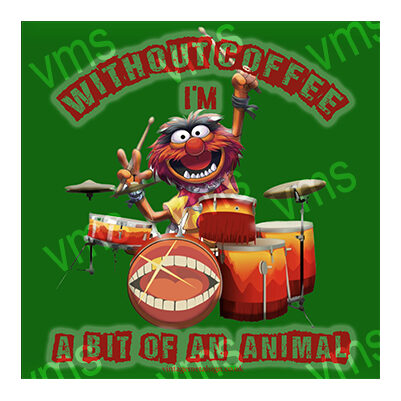 Muppet drummer with coffee-themed text on green background.