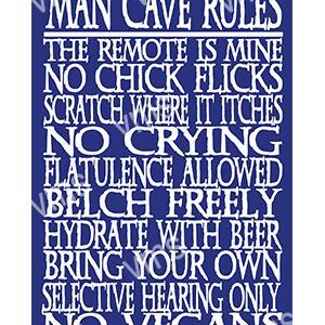 A humorous 'Man Cave Rules' sign with playful, bold white text on blue.
