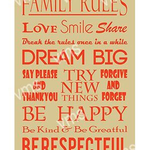 Family rules poster with inspiring and kind messages in warm colors.