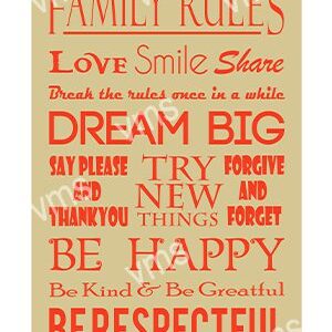 Inspirational family rules poster with positive messages in warm colors.
