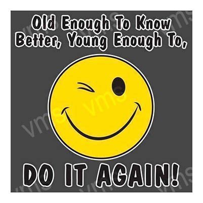 A winking smiley face with a bold, playful message about repeating mistakes.