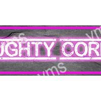 Neon sign reading 'NAUGHTY CORNER' with bright pink glow.