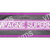Neon pink sign reading 'CHAMPAGNE SUPERM' on a dark wooden background.