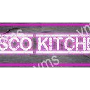 Neon sign reading 'DISCO KITCHEN' glowing in pink.