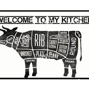 Diagram of beef cuts labeled on a cow illustration with a kitchen welcome message.