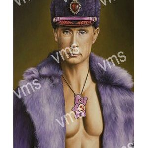 Man in purple fur coat and hat with a pendant necklace.