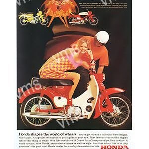 Vintage Honda motorcycle ad showing a man and woman riding a red bike.