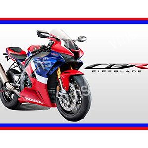 A sleek red, blue, and white Fireblade motorcycle against a white background.