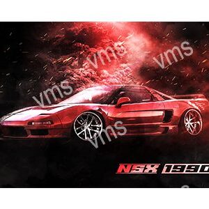 A red NSX sports car with dynamic lighting effects and a cosmic background.