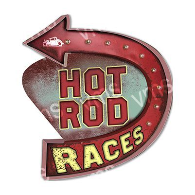 Vintage neon sign reading 'Hot Rod Races' with an arrow.