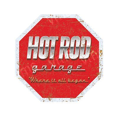 Retro red octagonal sign reading 'Hot Rod garage'.