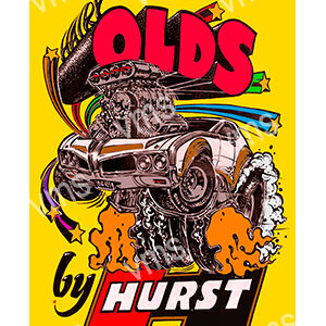 Vintage car advertisement featuring a hot rod and bold text.