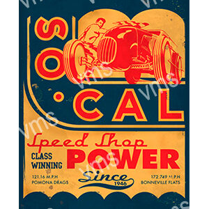 Retro-style poster promoting SoCal with a classic car and bold typography.