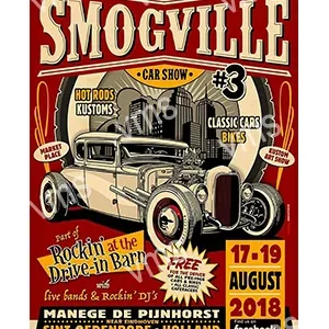 Vintage car show poster featuring a classic hot rod and event details.
