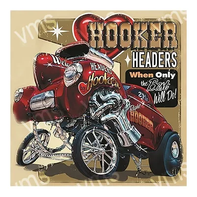 Cartoon of a red dragster with exaggerated features and the text 'Hooker Headers'.