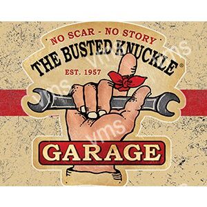 Vintage garage logo with a clenched fist and wrench.