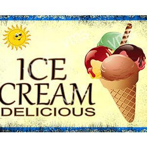 Vintage-style sign for delicious ice cream with a smiling sun.