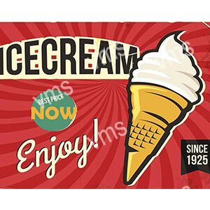 Vintage ice cream cone advertisement with bold colors and retro fonts.
