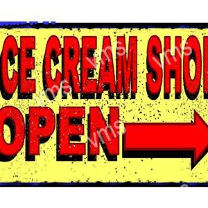 A sign indicating an ice cream shop is open with a red arrow.