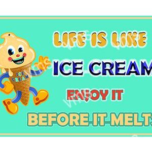 Cartoon bear with ice cream and motivational quote about enjoying life.
