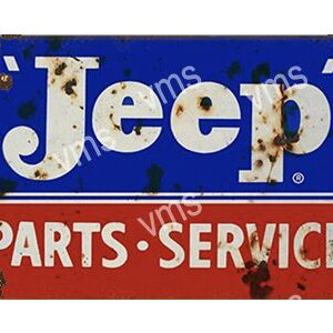 Vintage Jeep parts and service metal sign with rust spots.
