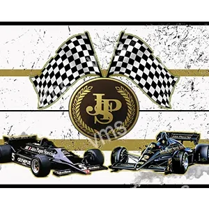 Two racing cars with checkered flags and a Jp logo in the center.