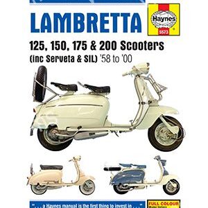 Cover of a Lambretta scooter repair manual with vintage scooter illustrations.