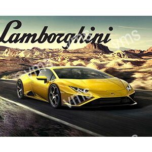 Yellow Lamborghini speeding on a desert road with mountains in the background.