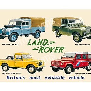 Four vintage Land Rover models in blue, green, yellow, and red with the slogan "Britain's most versatile vehicle."