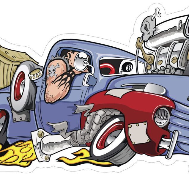 Cartoon mechanic struggling with a car breakdown, spilling oil on the ground.