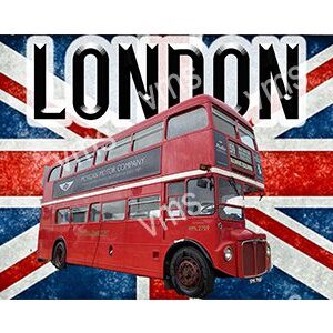 Red double-decker bus with London and Union Jack background.
