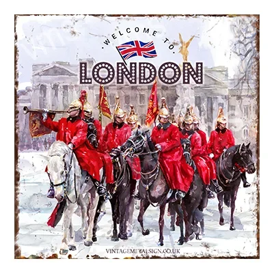 Vintage-style image of British Royal Guards on horses in London.