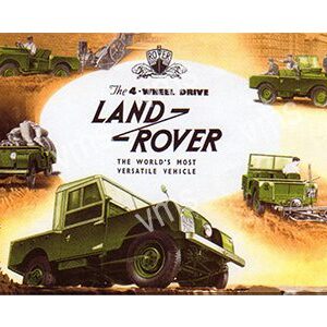 Vintage advertisement for the Land Rover, showcasing its rugged design.