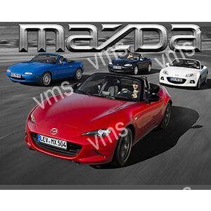 Three Mazda sports cars in vibrant colors parked together.