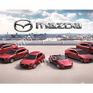 Five red Mazda cars displayed with a cityscape background and Mazda logo.