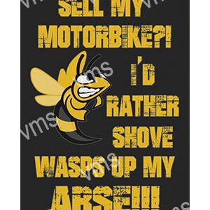Graphic design featuring a bee with bold text about motorbikes and wasps.
