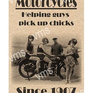 Vintage motorcycle ad showing young men and women with bikes from 1907.