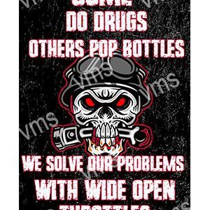 A graphic with a skull wearing goggles and a helmet, with a bold text message about solving problems with wide open throttles.