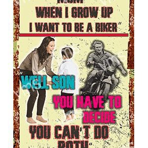 Vintage-style poster with a woman telling a boy he must become a biker to achieve his dream.