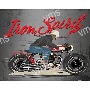 Illustration of a man riding a vintage motorcycle with 'Iron Spirit' text.