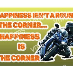 Motorcycle rider with happiness quote about life and joy.