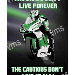 A green and white motorcycle with a rider and safety message.