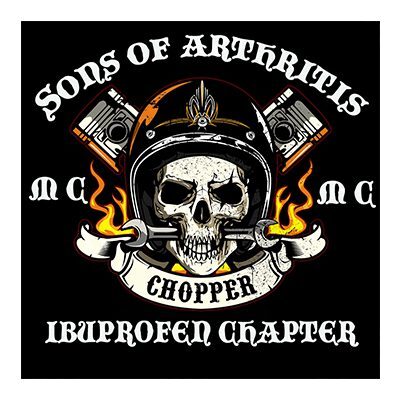 Sons of Arthritis biker club logo with skull and pistons.