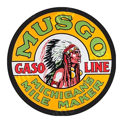 Vintage circular logo featuring a Native American chief and the text 'Musgo Gasoline Michigan's Mile Maker'.