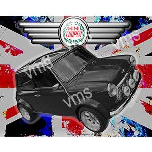 Classic black Mini Cooper with UK flag background.