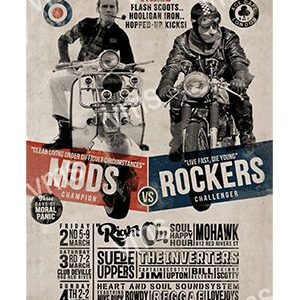 Vintage concert poster featuring Mods and Rockers music event.