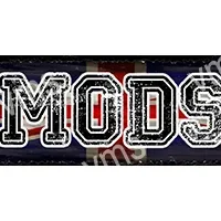 A bold graphic text reading 'MODS' on a dark background with red and blue hues.