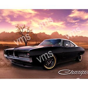 A sleek black Dodge Charger at sunset with a vibrant sky.