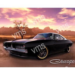 Classic black Dodge Charger parked at sunset with dramatic sky.